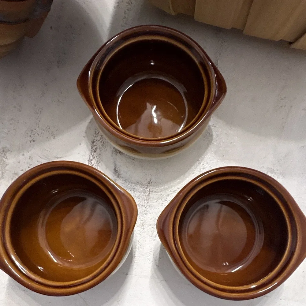 Rego C067-27 Ceramic Soup Bowls Set of 3 Brown/Beige Side Handle